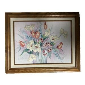 Barbara Mock Signed 1987 Crewel Needlepoint Framed Art Bouquet Flowers 12 X 16